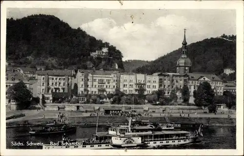 Ak Bad Schandau Sächsische Schweiz, Ortsansicht, Raddampfer, Kirchturm