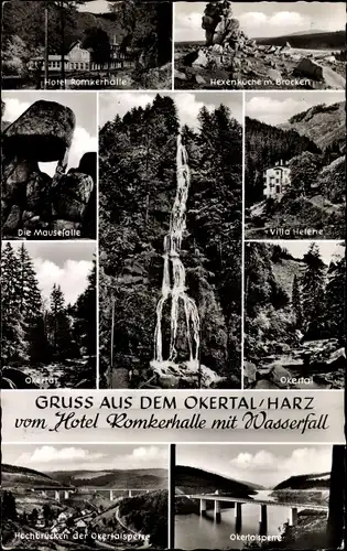 Ak Oker Goslar am Harz, Hotel Romkerhalle, Hexenküche mit Brocken, Mausefalle, Villa Helene