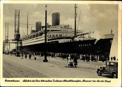 Ak Bremerhaven, Abfahrt des Vier-Schrauben-Turbinen-Schnelldampfers Bremen