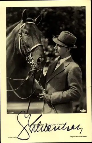 Ak Schauspieler Albrecht Schoenhals, Portrait, Pferd, Ross Verlag A 3205/1, Autogramm