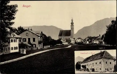 Ak Anger in Oberbayern, Teilansicht, Kirche, Gasthof zur Post