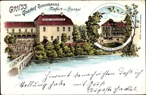 Litho Tiefurt Weimar in Thüringen, Gasthof Rosenkranz, Schloss