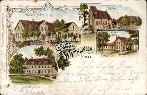 Litho Wathlingen in Niedersachsen, Gasthof A. Riefenberg, Kirche, Gut, Molkerei