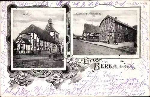 Passepartout Ak Berka Katlenburg Lindau in Niedersachsen, Kirche, Gasthaus A. Bode