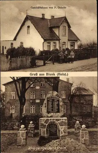 Ak Blunk in Holstein, Geschäftshaus P. Osbahr, Kriegergedenkstein