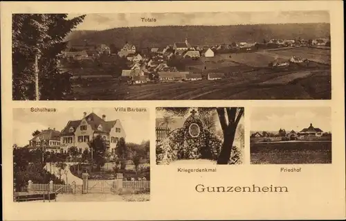 Ak Gunzenheim Kaisheim Schwaben, Gesamtansicht, Schulhaus, Villa Barbara, Kriegerdenkmal, Friedhof