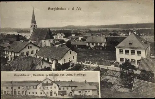 Ak  Burgkirchen an der Alz Oberbayern, Panorama, Gastwirtschaft, Geschäft und Bäckerei