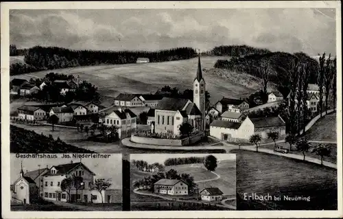 Ak Erlbach in Oberbayern, Gesamtansicht, Kirche, Geschäftshaus Jos. Niederleitner