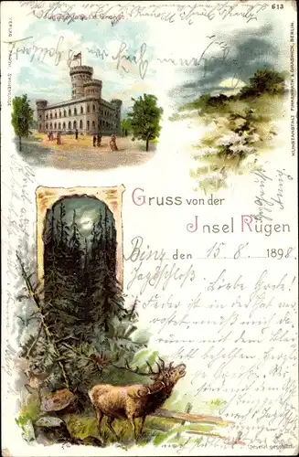 Litho Granitz Seebad Binz auf Rügen, Jagdschloss, Hirsch