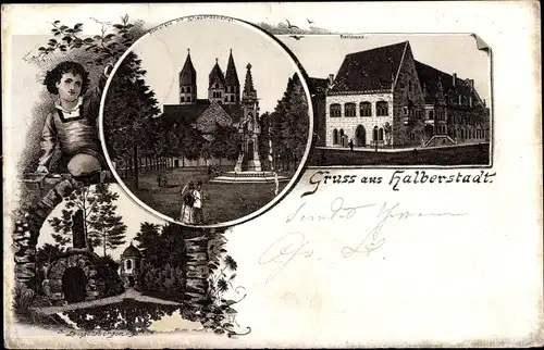 Litho Halberstadt am Harz, Rathaus, Domplatz, Kriegerdenkmal