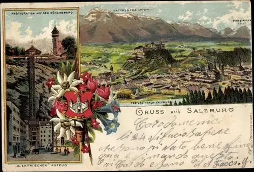 Litho Salzburg in Österreich, Restaurant auf dem Mönchsberg, Elektrischer Aufzug, Festung