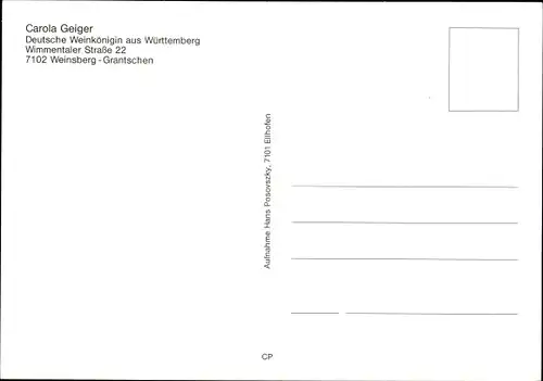 Ak Carola Geiger, Deutsche Weinkönigin aus Württemberg, Autogramm