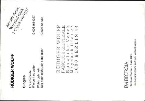 Ak Sänger Rüdiger Wolff, Portrait, Autogramm