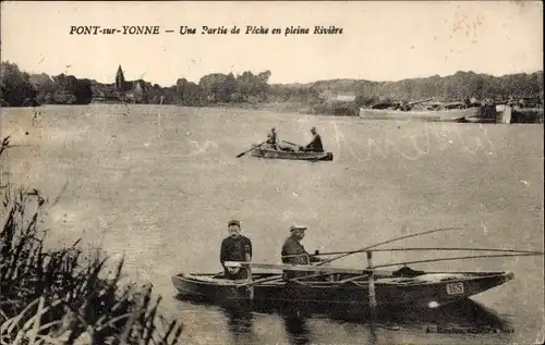 Ak Pont sur Yonne, eine Angelparty mitten im Fluss