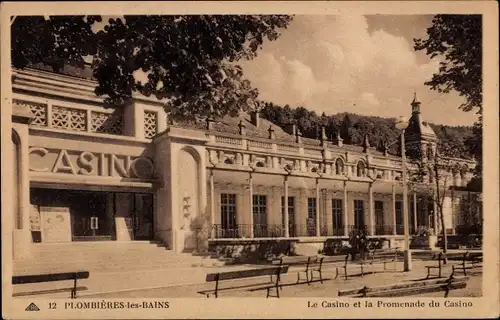 Ak Plombières les Bains Lothringen Vogesen, Das Casino, die Casino-Promenade