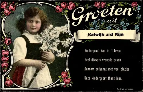 Gedicht Passepartout Ak Katwijk aan den Rijn Südholland Niederlande, Mädchen mit Blumen