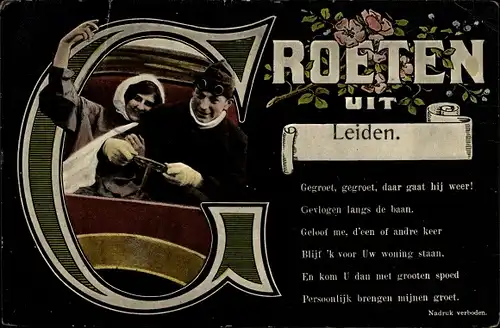 Gedicht Ak Leiden Südholland Niederlande, Grüße aus, Paar in einem Automobil