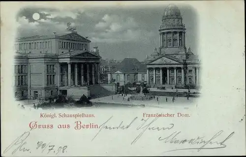 Mondschein Ak Berlin Mitte, Gendarmenmarkt, Königl. Schauspielhaus, Französischer Dom