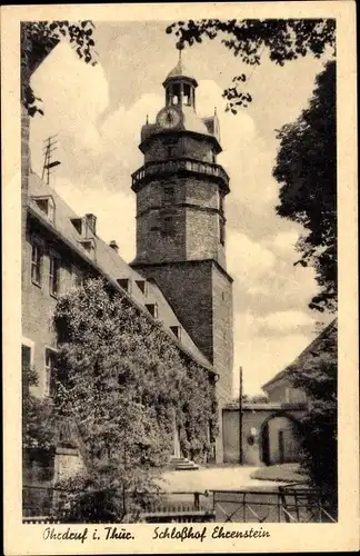 Ak Ohrdruf im Thüringischen Kreis Gotha, Partie am Schloss Ehrenstein, Turm, Rankenbewuchs