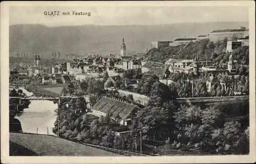 Ak Kłodzko Glatz Schlesien, Panorama mit Festung