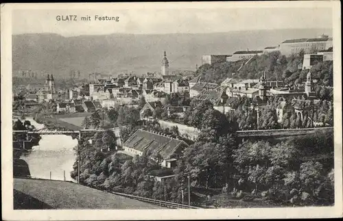 Ak Kłodzko Glatz Schlesien, Panorama mit Festung