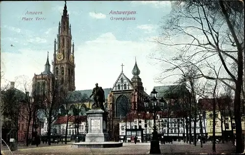 Ak Anvers Antwerpen Flandern, Denkmal auf dem Platz, Kirche