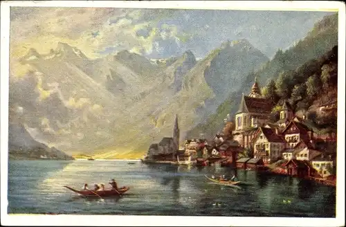 Künstler Ak Haidenthaler, Hallstatt im Salzkammergut Oberösterreich, Ortsansicht, See, Ruderboot