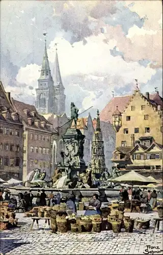 Künstler Ak Schmidt, Franz, Nürnberg in Mittelfranken Bayern, Neptunbrunnen mit Marktplatz