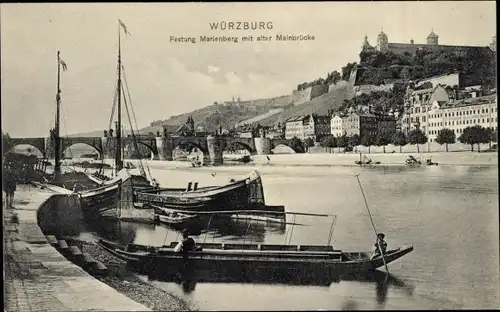 Ak Würzburg am Main Unterfranken, Festung Marienberg, alte Mainbrücke, Schiffe, Teilansicht