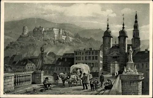 Künstler Ak Chapuy, Heidelberg am Neckar, Schloss, alte Brücke, Denkmal Kurfürst Karl Theodor