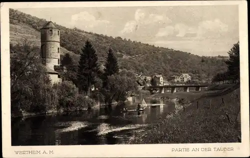 Ak Wertheim am Main, Tauber, Turm, Boot, Brücke