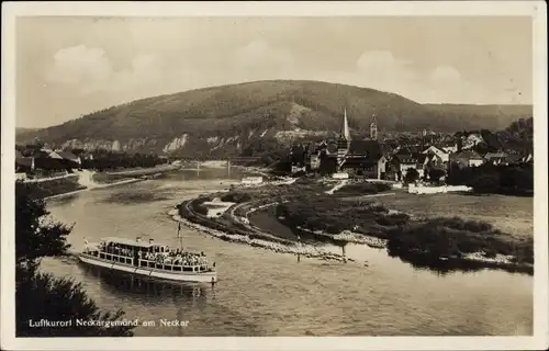 Ak Neckargemünd am Neckar, Boot, Kirchen, Brücke, Teilansicht