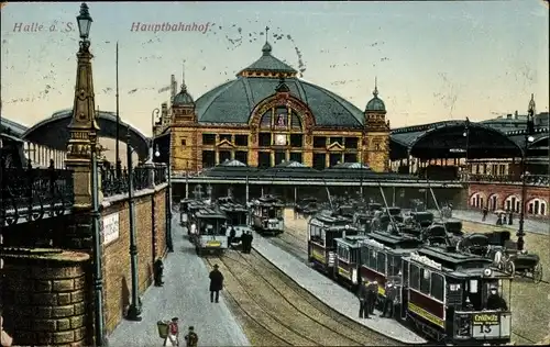 Ak Halle an der Saale, Hauptbahnhof, Vorplatz, Straßenbahnen