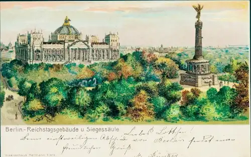 Glitzer Litho Berlin Tiergarten, Siegessäule, Reichstagsgebäude