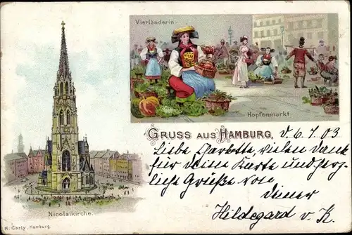 Litho Hamburg Mitte Altstadt, Nicolaikirche, Vierländerin, Hopfenmarkt