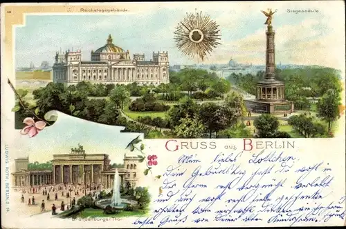 Litho Berlin Tiergarten, Reichstagsgebäude, Siegessäule, Brandenburger Tor