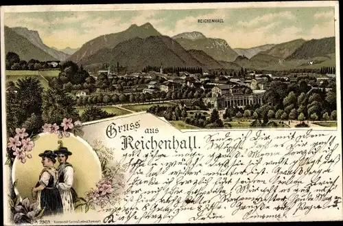 Litho Bad Reichenhall in Oberbayern, Damen in Trachten, Panorama, Gebirgskette