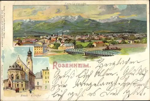 Litho Rosenheim Oberbayern, Totalansicht, Stadt-Kirche