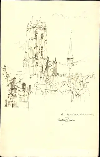 Künstler Ak Pieck, Anton, Mechelen Mecheln Malines Flandern Antwerpen, St Romboutstoren