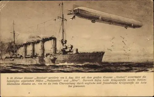 Ak Deutsches Kriegsschiff, SMS Breslau, Kleiner Kreuzer, Marineluftschiff, Kaiserliche Marine
