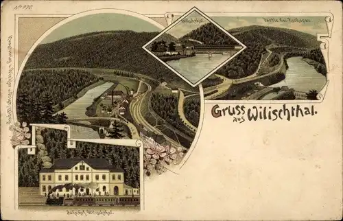 Litho Wilischthal Zschopau, Bahnhof, Panorama, Wälder