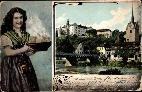 Ak Gera in Thüringen, Untermhaus, Schloss Osterstein, Frau in Tracht, Klöße