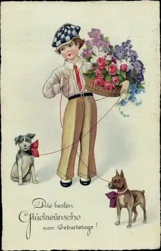 Ak Glückwunsch Geburtstag, Gratulant, Blumenkorb, Rosen, Hunde