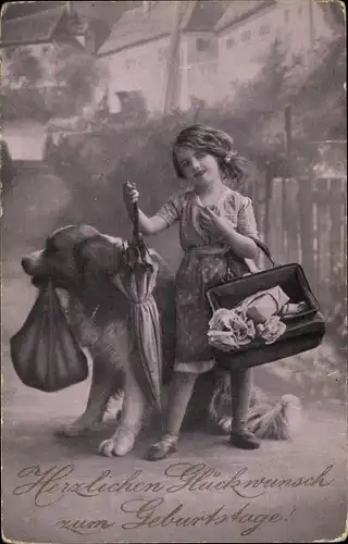 Ak Glückwunsch Geburtstag, Mädchen mit Handtasche, Hund, Regenschirm