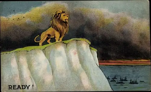 Ak Löwe steht auf einem Fels am Meer