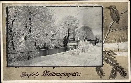 Passepartout Ak Glückwunsch Weihnachten, Winterlandschaft, Vogel