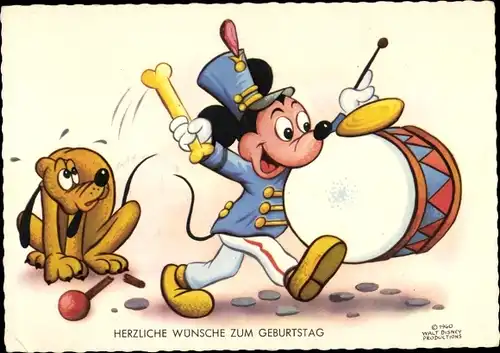 Künstler Ak Glückwunsch Geburtstag, Walt Disney, Mickey Mouse, Pluto, Trommel