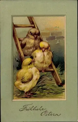 Präge Litho Glückwunsch Ostern, Drei Küken, Leiter
