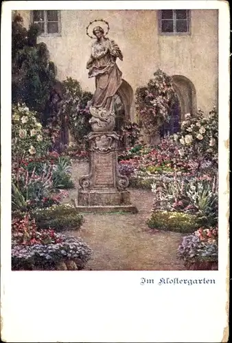 Künstler Ak Im Klostergarten, Statue, Blumen, Deutscher Schulverein Nr. 1358