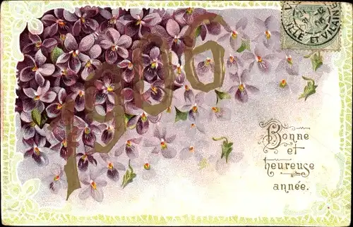 Präge Litho Glückwunsch Neujahr, Veilchen, Jahreszahl 1906